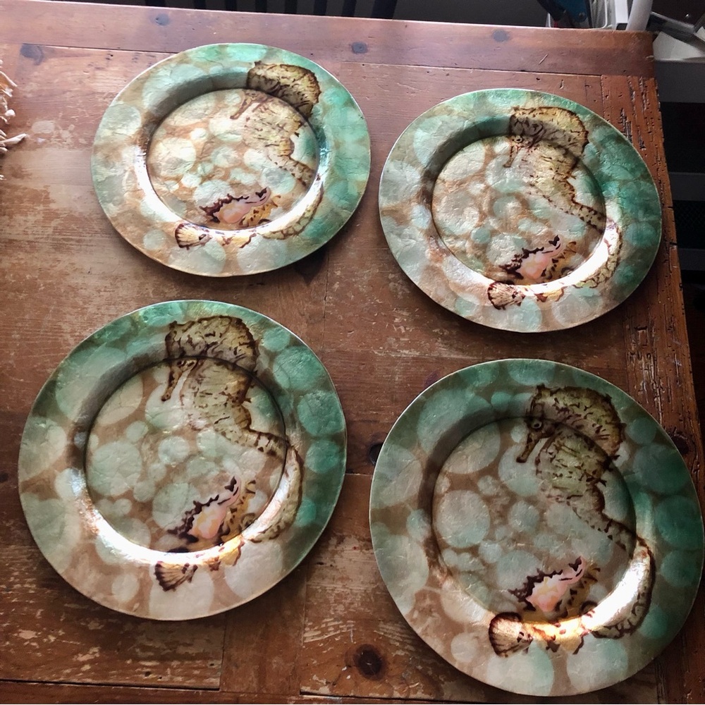 Beautiful Capiz Shell Seahorse Dinnerware Dishes Charger Plates Set 4 -NWT